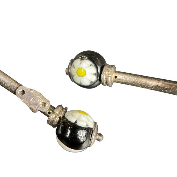 Vintage Sterling Silver Bangle Bracelet Black Art Glass Flower Daisy Beads - Picture 5 of 5